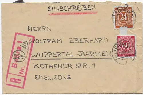Einschreiben Bebra mit Not-R-Stempel nach Wuppertal-Barmen 1946