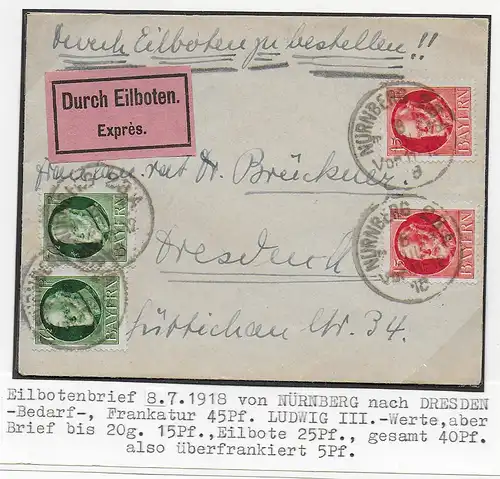 Eilbotenbrief 1918 von Nürnberg nach Dresden.