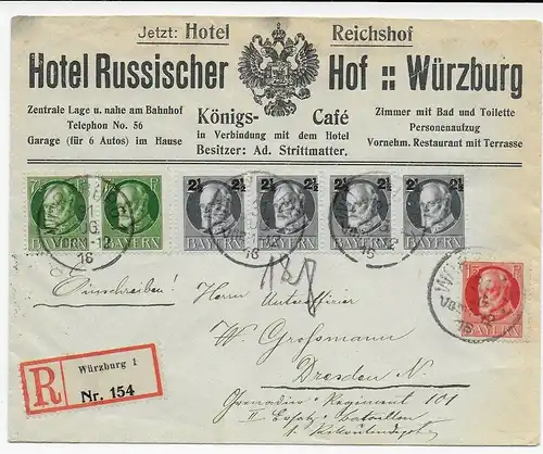 Einschreiben 1916 von Würzburg nach Dresden, Hotel Russischer Hof