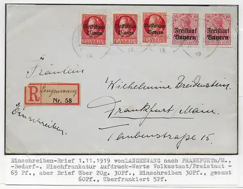 Einschreiben 1919 von Langenwang nach Frankfurt/M