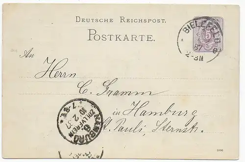 Carte postale avec publicité arrière de Bielefeld à Hambourg en 1887