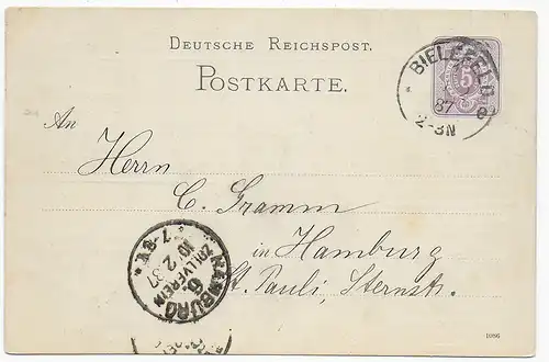 Postkarte mit rückseitiger Werbung von Bielefeld 1887 nach Hamburg