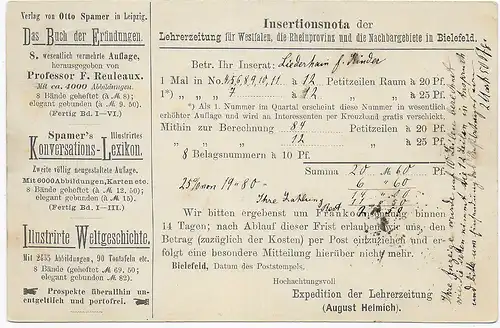 Postkarte mit rückseitiger Werbung von Bielefeld 1887 nach Hamburg