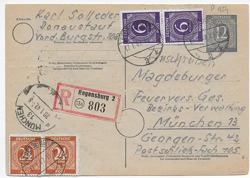 Affaire complète P954 de Ratisbonne en lettre recommandée 1947 à Munich