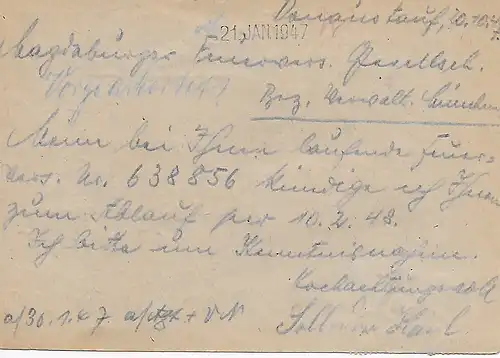 Ganzsache P954 von Regensburg als Einschreiben 1947 nach München