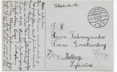 Danzig: Feldpost I. WK, Zoppot 1912 nach Kolberg, Infantrie