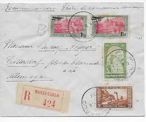 Einschreiben Monte Carlo nach Dittersdorf/Chemnitz, 1934