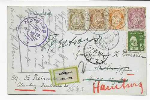 Norwegen 1928 AK vom Nordkap, Unbekannt Weiterleitung Hamburg: Stempeldurchbruch