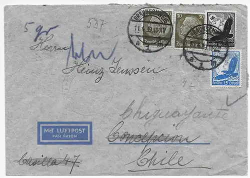 Lettre postale aérienne de Braunswick 1939 au Chili