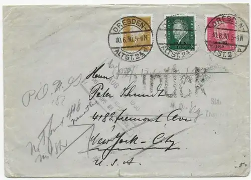 Brief von Dresden/Pirna nach New York City: 1930: zurück: FDC für MiNr. 444+445