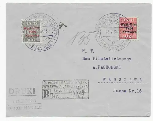 Polen: Flugpost Einschreiben Drucksache 1934 von Katowice nach Warszawa