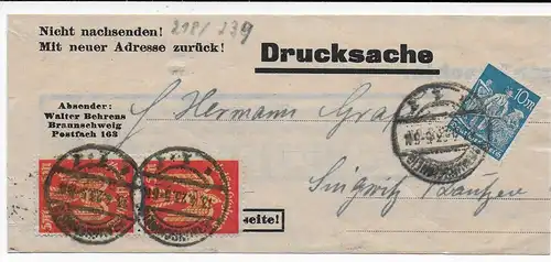 DR: Drucksache Streifband MiNr. 218 (2x), 239 von Braunschweig nach Bautzen 1923