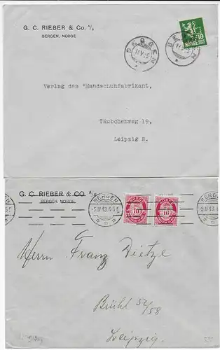 Norge: 4x Briefe aus Bergen nach Leipzig 1913-1925