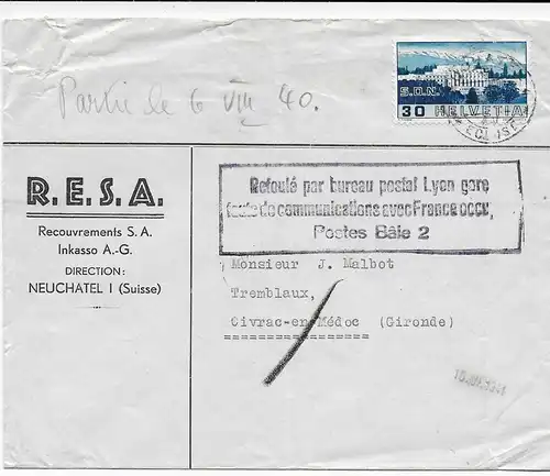 Neuchatel vers Civrac-en-Médoc, transport postal impossible 1940/1941