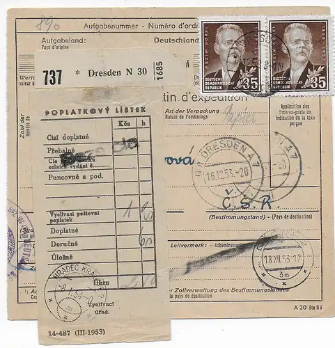 Carte de paquet Dresde en CSSR, 1953
