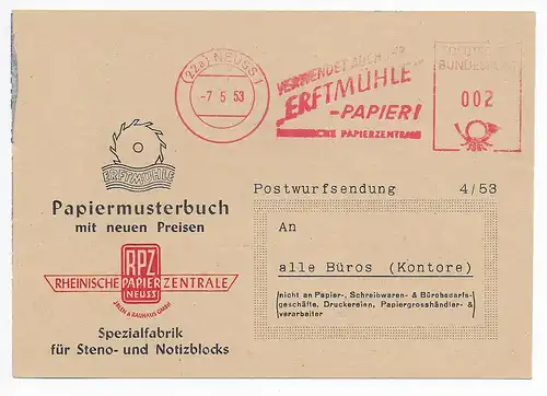 Postwurfsendung 1953 Neuss: Firmenfreistempel mit 2 Pfg, selten