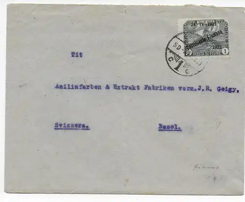 Italien Bedarf Fiume 1922 nach Basel,