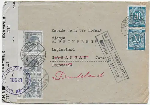 Hanovre, Waldhausen vers Sarangan/Java/Indonésie: 1947: Pas de transport postal
