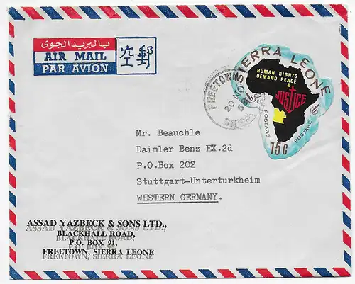 Poste aérien Freetown Sierra Leone vers Stuttgart, 1968, besoins, rare
