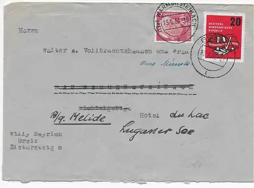 Brief 1957 von Greiz nach Warmensteinach, Weiterleitung nach Melide, Luganer See
