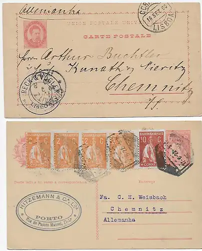 2x Ganzsachen Portugal: 1890 (Lsboa nach Chmenitz), 1922 Porto nach Chemnitz