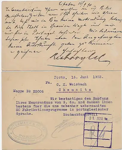 2x Tout le Portugal: 1890 (Lsboa vers Chmenitz), 1922 Porto vers Chemnitz