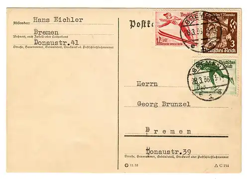 Postkarte Bremen mit rückseitiger Werbung für Reichstagsrede Adolf Hitlers