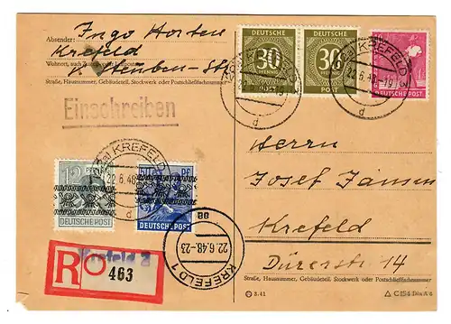 MiNr. 48 Ia, Einschreiben Postkarte Krefeld, 22.6.48