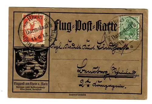 Flugpostkarte Darmstadt 14.6.1912 nach Landsberg/Rheinland