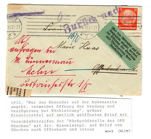 Post-postage de l'OPD Munich 1933, adhésifs intéressants