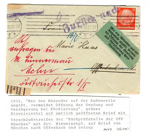Rückbriefstelle der OPD München 1933, interessante Klebezettel