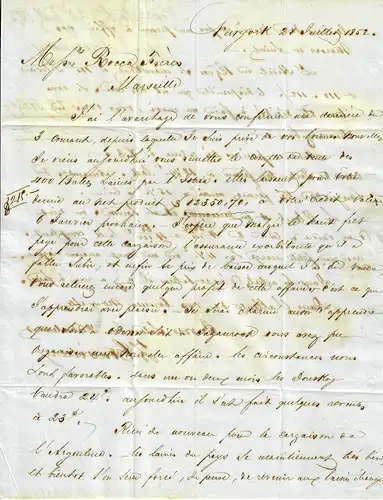 USA to France: 1852: Transatlantic Post: P. Asia to Marseille