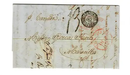 USA to France: 1852: Transatlantic Post: P. Canada, New York to Marseille