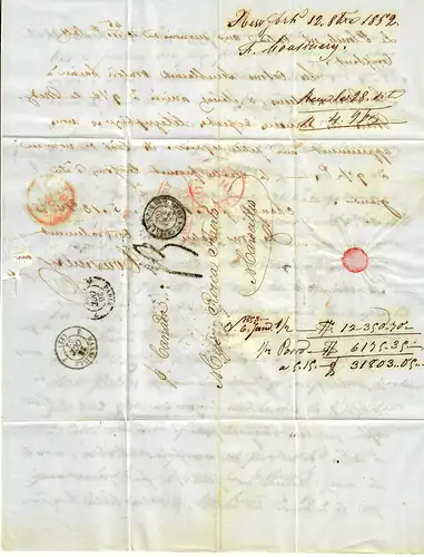 USA to France: 1852: Transatlantic Post: P. Canada, New York to Marseille