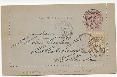 Karten-Brief mit Zusatzfrankatur Monte Carlo nach Rotterdam, 1893