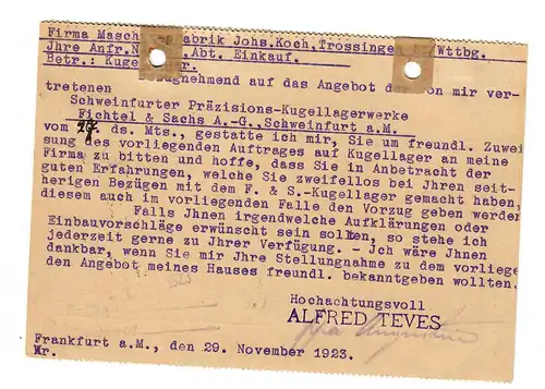 Postkarte mit MiNr. 333 A, MeF, Frankfurt nach Trossingen, 29.11.1923