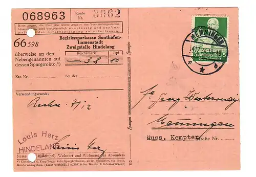 Caisse d'épargne Sonthofen-Immenstadt/Hindelang, 1934 vers Memmingen, EF N° 558