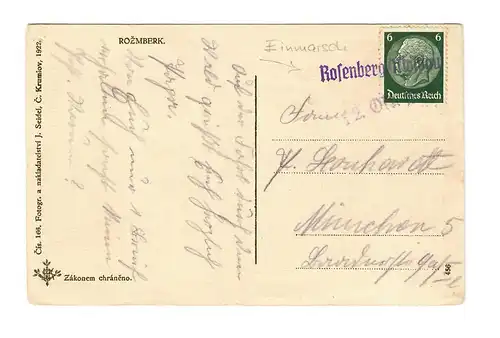 Carte de vue Rosenberg/Globau vers Munich: 1938 Sudetenland - En route