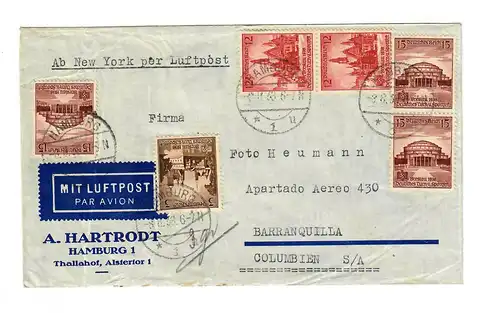 Luftpost Brief Hamburg nach Barranquilla/Kolumien, 1938