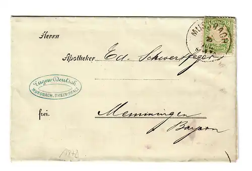 Lettre d'affaires de Mussobach/Pfalz vers Memmingen, 1878