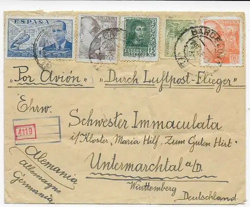 Barcelona - R-Luftpost -  nach Untermarchtal mit Zensur: H.S. Kdo. San Antonio