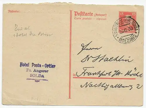 Antwort Ganzsache von Solda/Bolzano nach Frankfurt/M, 1930