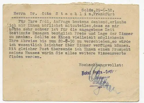 Réponse complète de Solda/Bolzano vers Francfort/M, 1930