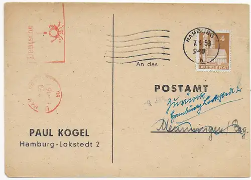 Postkarte hamburg nach Memmingen, zurück, 1950: Prüfung Anschrift