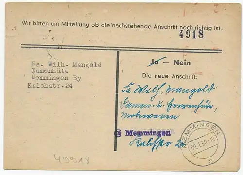 Postkarte hamburg nach Memmingen, zurück, 1950: Prüfung Anschrift