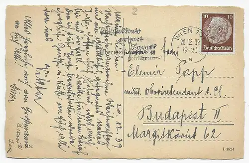 Ansichtskarte Reh von Wien mit Sonderporto nach Budapest/Ungarn 1939