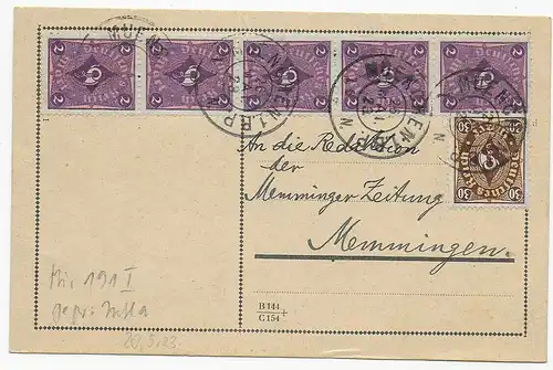 Postkarte 20.5.1923 von München nach Memmingen: MiNr. 191 I, geprüft Infla