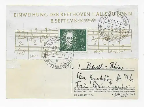 Postkarte Sonderstempel Tag der Vereidigung des Bundespräsidenten 15.9.1959, EF