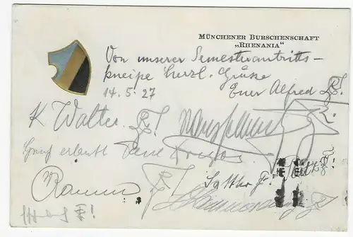 Postkarte 1927 Burschenschaft Rhenania, München nach Heidelberg
