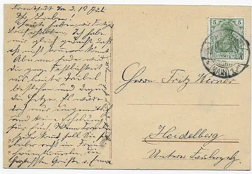 11. Deutsches Turnfest 1908 in Frankfurt/M, Postkarte nach Heidelberg